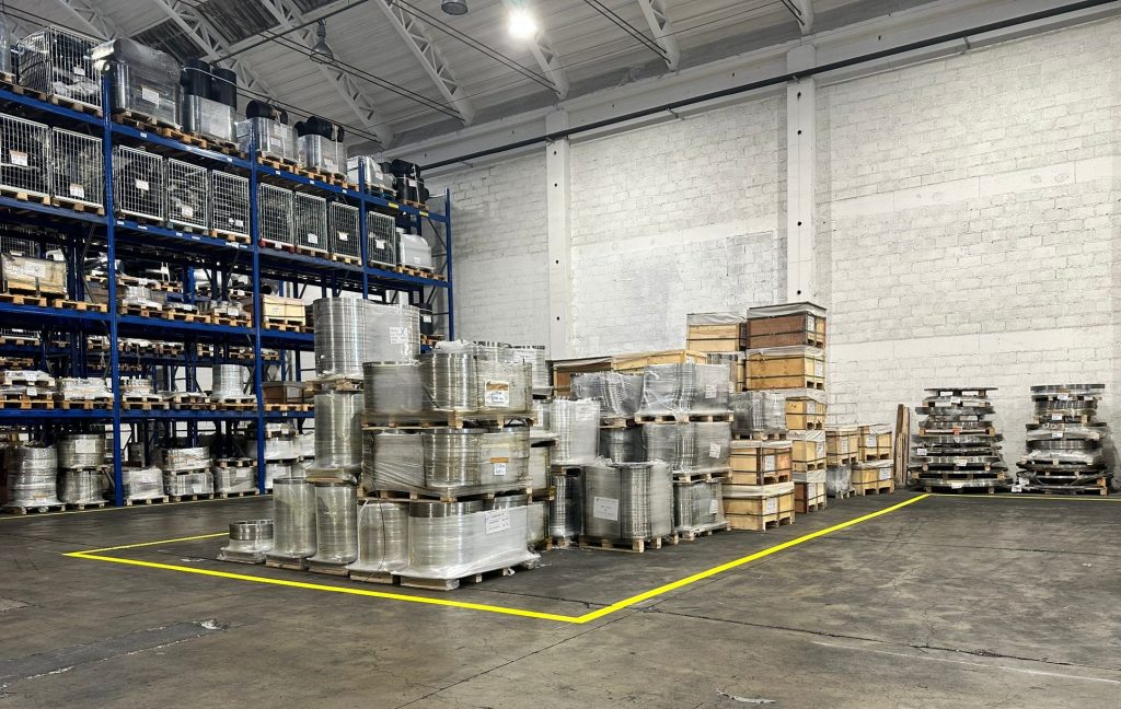 Storage racks in the Slobrides warehouse with carbon steel industrial components